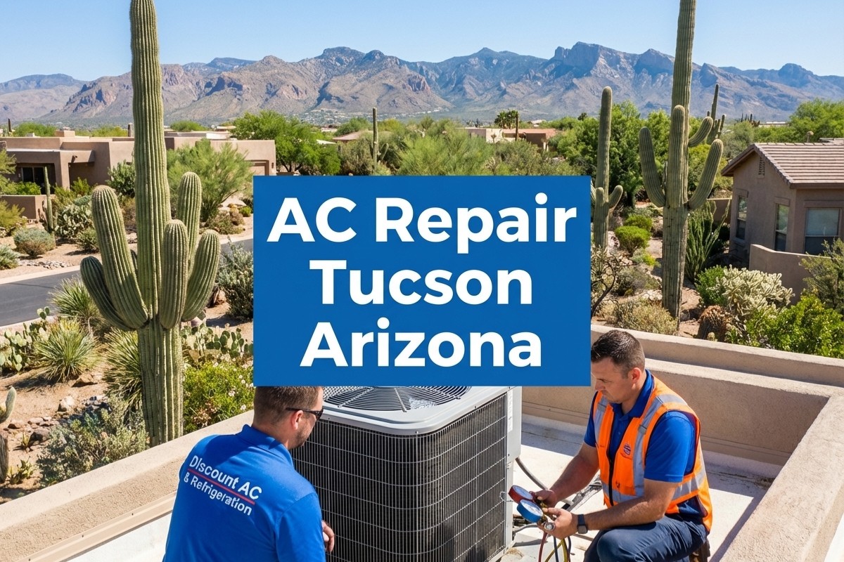 AC Repair Tucson Arizona text overlay on a photo of a technician working on a rooftop with desert scenery.