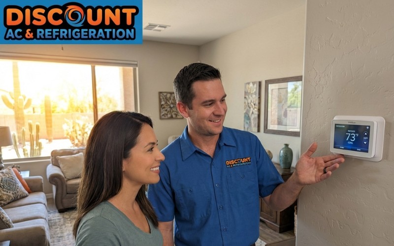 Discount AC & Refrigeration technician showing a happy Mesa homeowner how to use a smart thermostat after a complete system replacement.