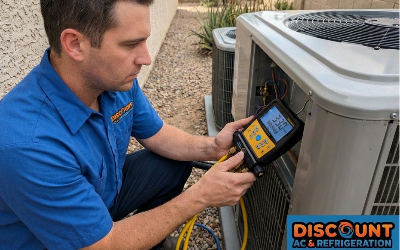 HVAC expert checking digital micron gauge reading below 500 microns to ensure proper vacuum during new AC unit installation in Mesa.
