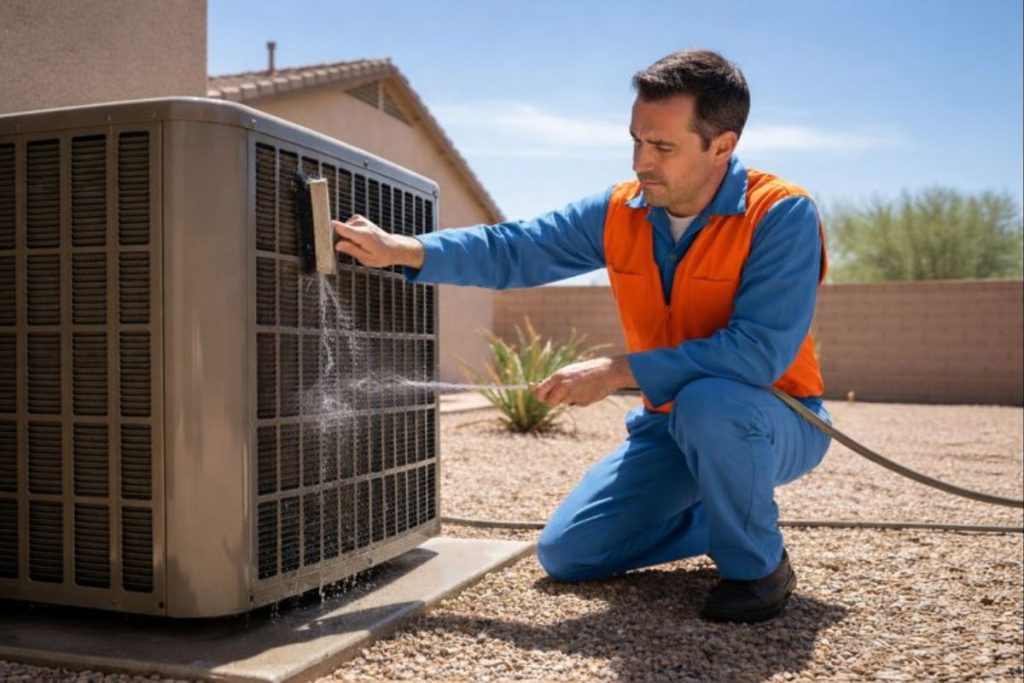 HVAC technician cleaning a dusty condenser coil during a professional AC maintenance visit to restore energy efficiency.