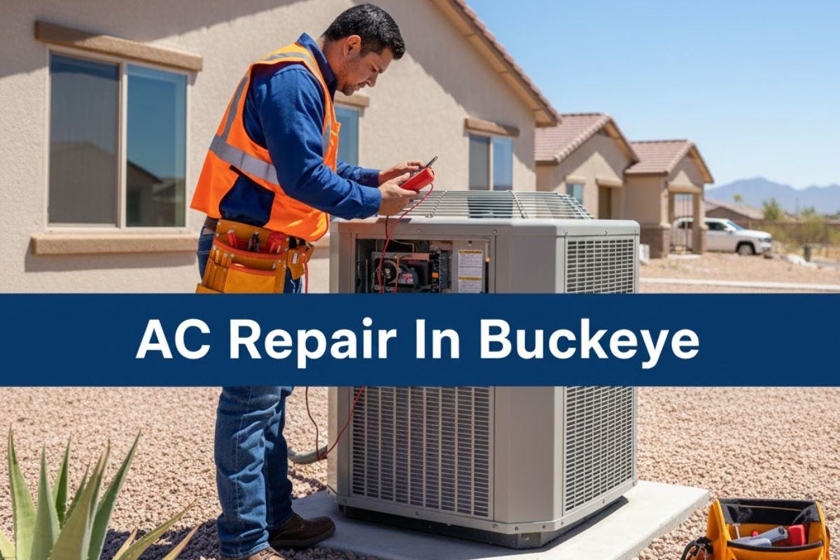 Senior AC technician inspecting a residential split system condenser unit outside a new home in Buckeye, AZ.