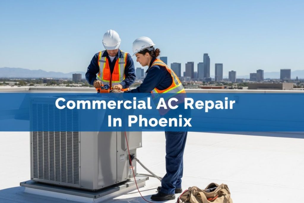 Technician on a scorching Arizona rooftop diagnosing a large commercial HVAC unit (RTU).