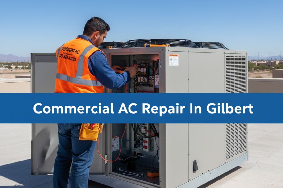 Discount AC technician inspecting a commercial Rooftop Unit (RTU) in Gilbert, Arizona.