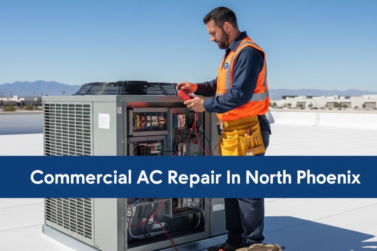 Technician on a flat commercial roof performing diagnostics on a Rooftop Unit (RTU) in North Phoenix