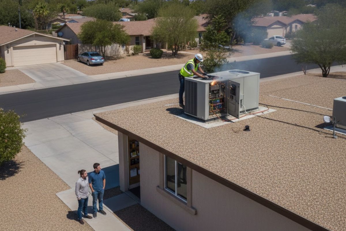 HVAC technician diagnosing an electrical panel on a failed residential air conditioner unit in the middle of summer.