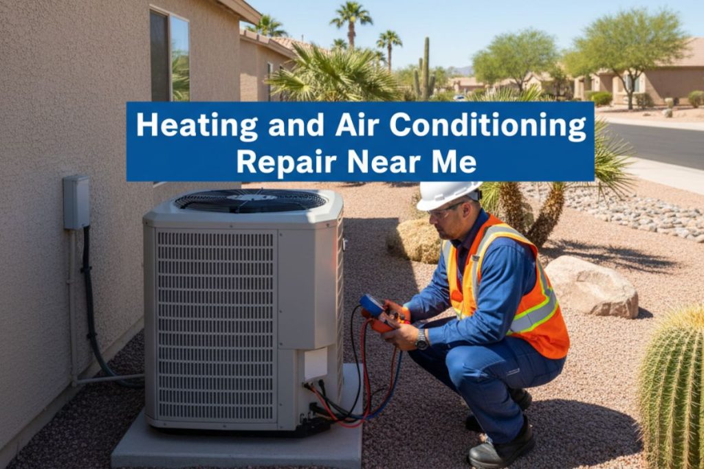 Technician testing the pressures and amperage on an air conditioning unit condenser in the Arizona desert.