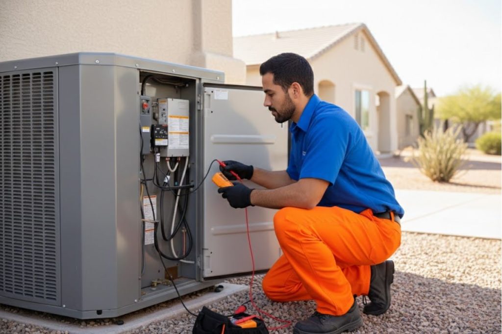 Discount AC technician performing Heat Pump Repair Chandler AZ on an outdoor unit.