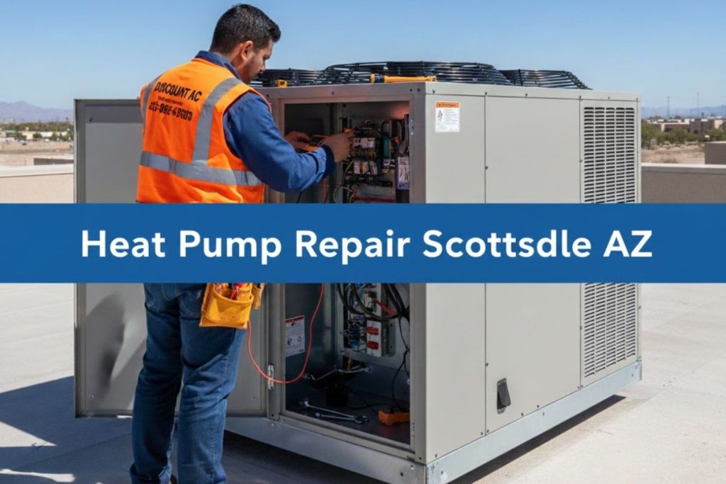 Licensed HVAC technician checking the reversing valve and refrigerant lines on an outdoor heat pump unit in Scottsdale, AZ.