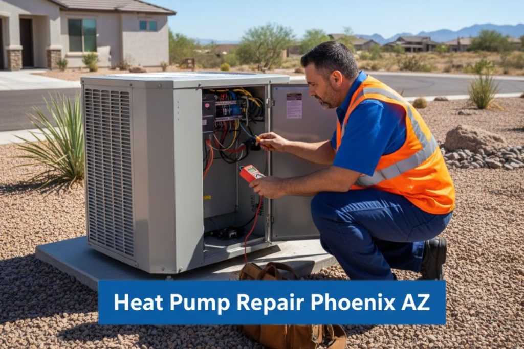 Senior technician performing diagnostics on a residential heat pump outdoor unit in Phoenix, AZ.