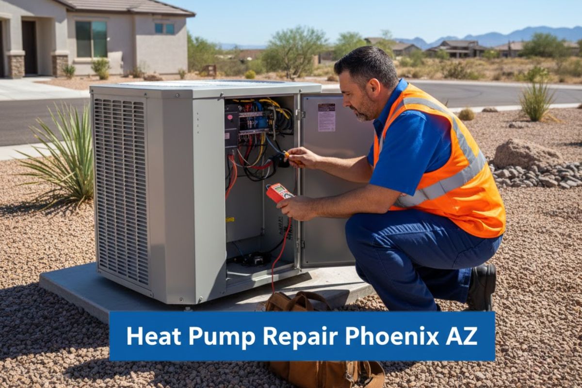 Senior technician performing diagnostics on a residential heat pump outdoor unit in Phoenix, AZ.