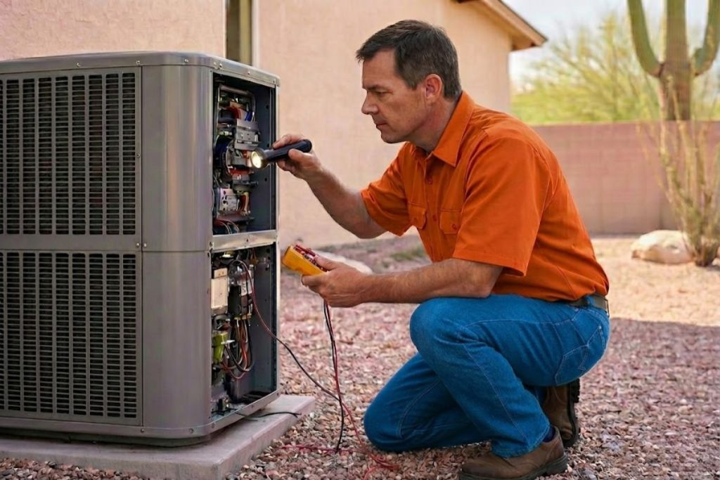Technician performing heating repair in Scottsdale on a residential furnace unit.