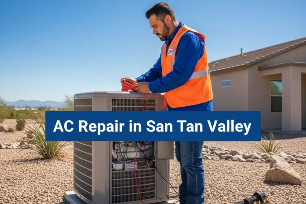 Technician examining a frozen evaporator coil (block of ice) inside the indoor AC unit in a San Tan Valley home.