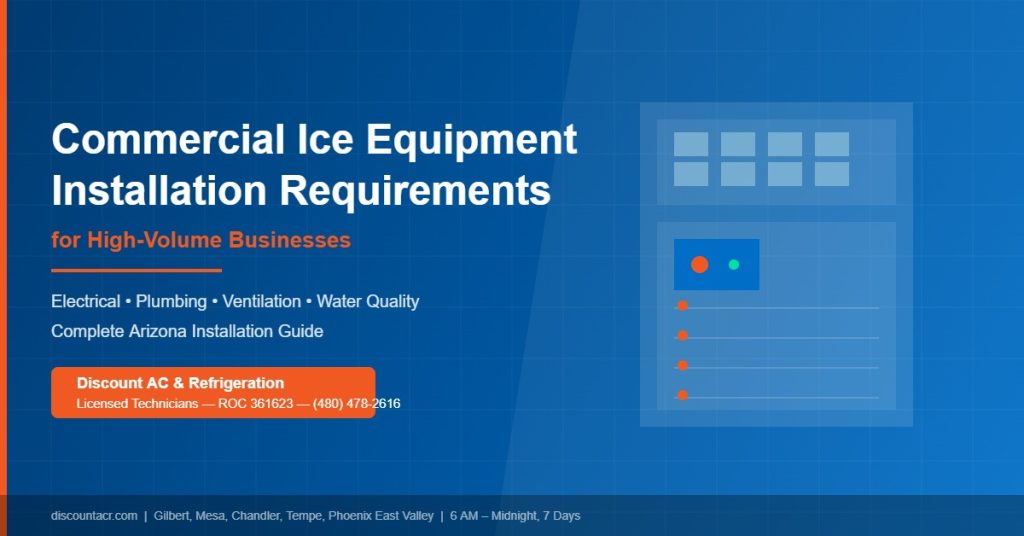 Licensed refrigeration technician reviewing commercial ice equipment installation requirements for a high-volume business in Arizona