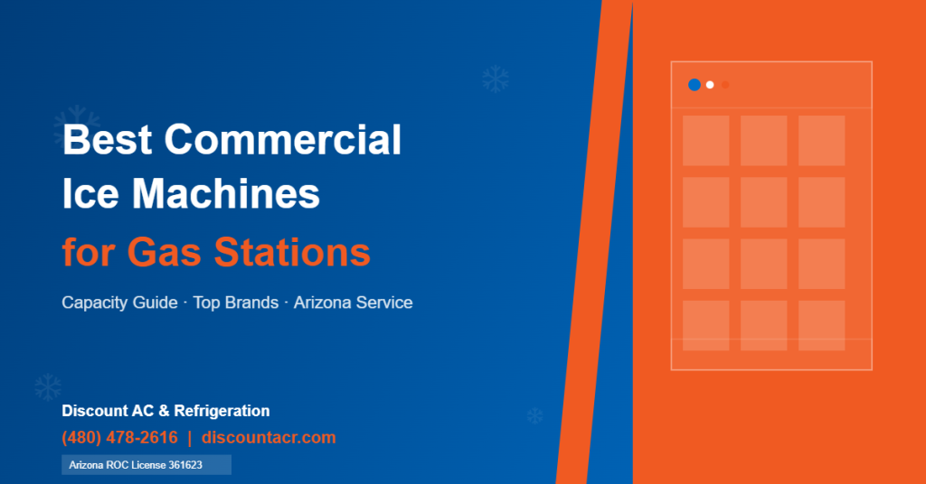 Commercial ice machine technician inspecting a high-output modular ice machine at a gas station in Phoenix, Arizona