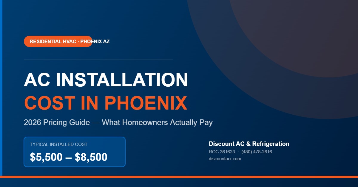 Licensed HVAC technician reviewing AC installation cost estimate on clipboard outside Phoenix home during summer