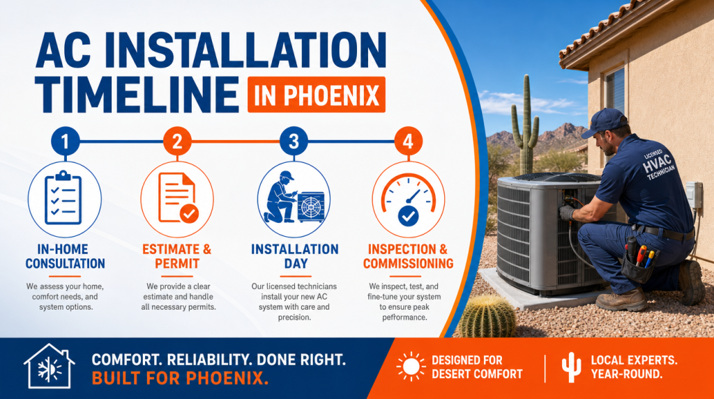 Infographic timeline of the AC installation process in Phoenix with a licensed technician installing a new condenser unit
