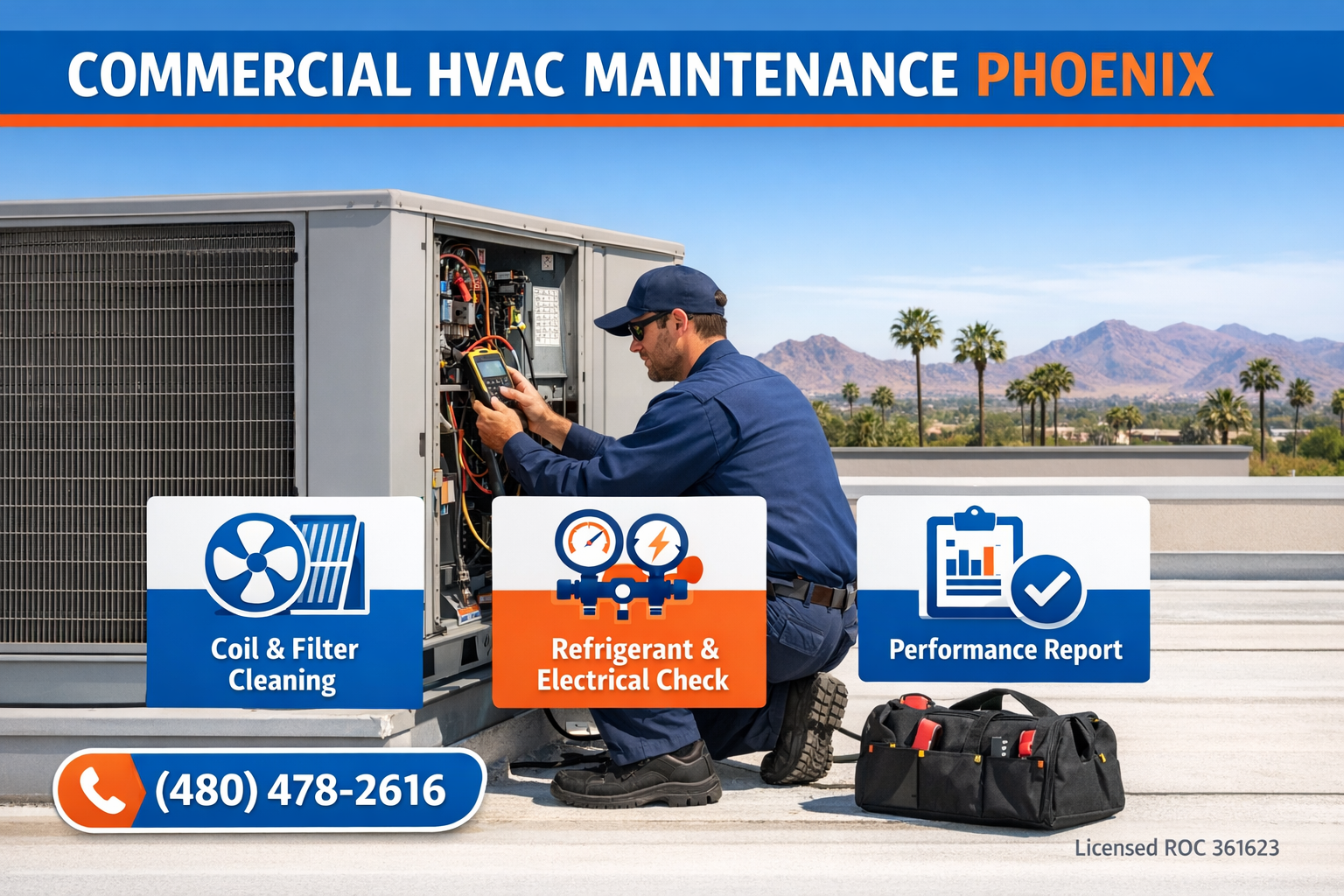 Licensed technician performing commercial HVAC maintenance on a Phoenix rooftop unit in extreme desert heat
