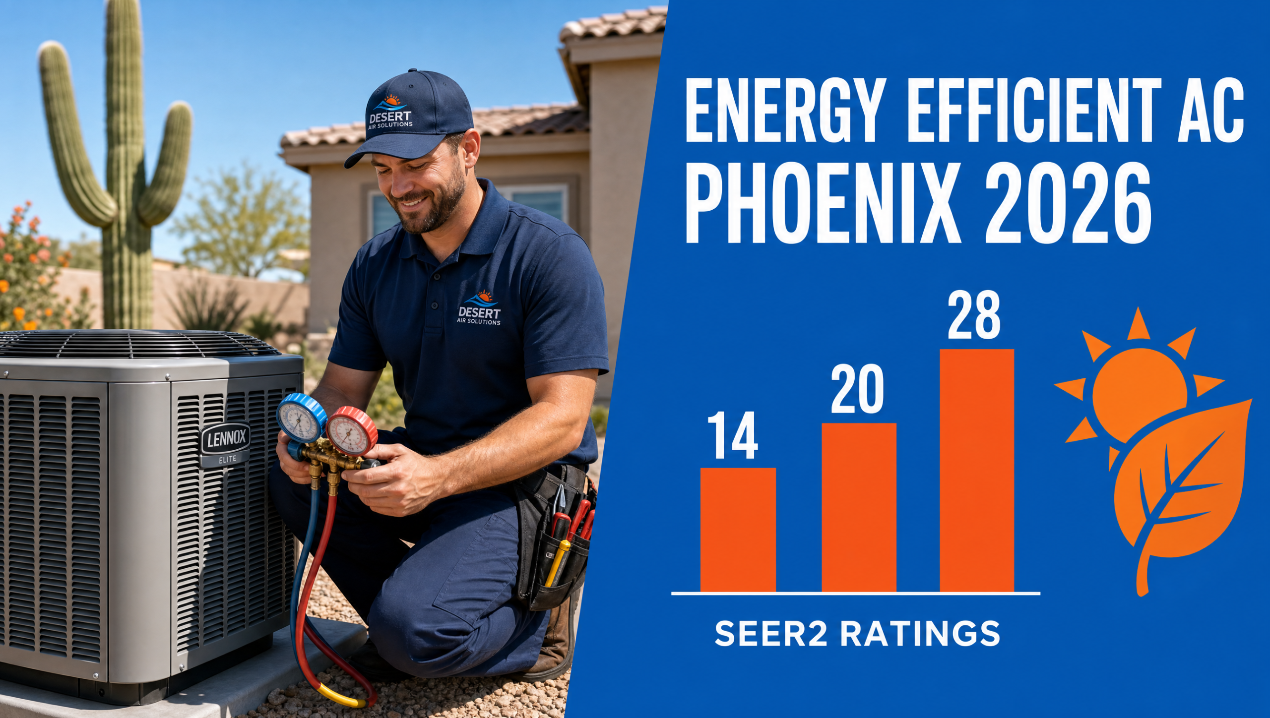 Energy efficient AC system for a Phoenix home with 2026 SEER2 brand comparison infographic