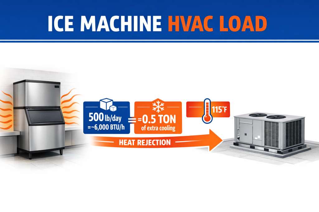 Licensed HVAC technician measuring heat rejection load from a commercial ice machine in a Phoenix restaurant kitchen