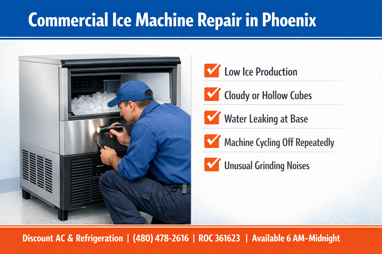 Licensed HVAC technician inspecting a commercial ice machine condenser in a Phoenix restaurant kitchen