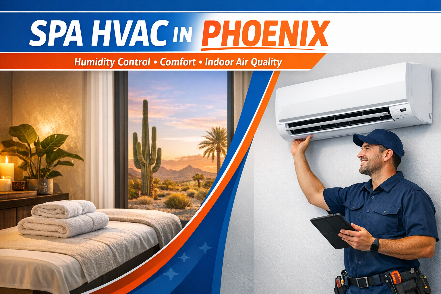 HVAC technician servicing a ductless mini-split beside a calm Phoenix day spa treatment room