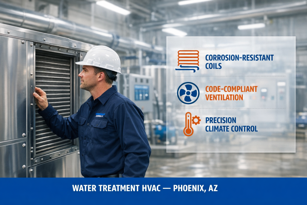 Licensed HVAC technician inspecting a corrosion-resistant air handler at a Phoenix water treatment facility