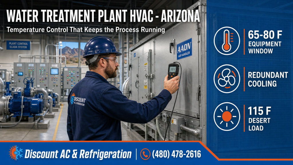 HVAC technician checking the temperature on an industrial air handler at an Arizona water treatment plant