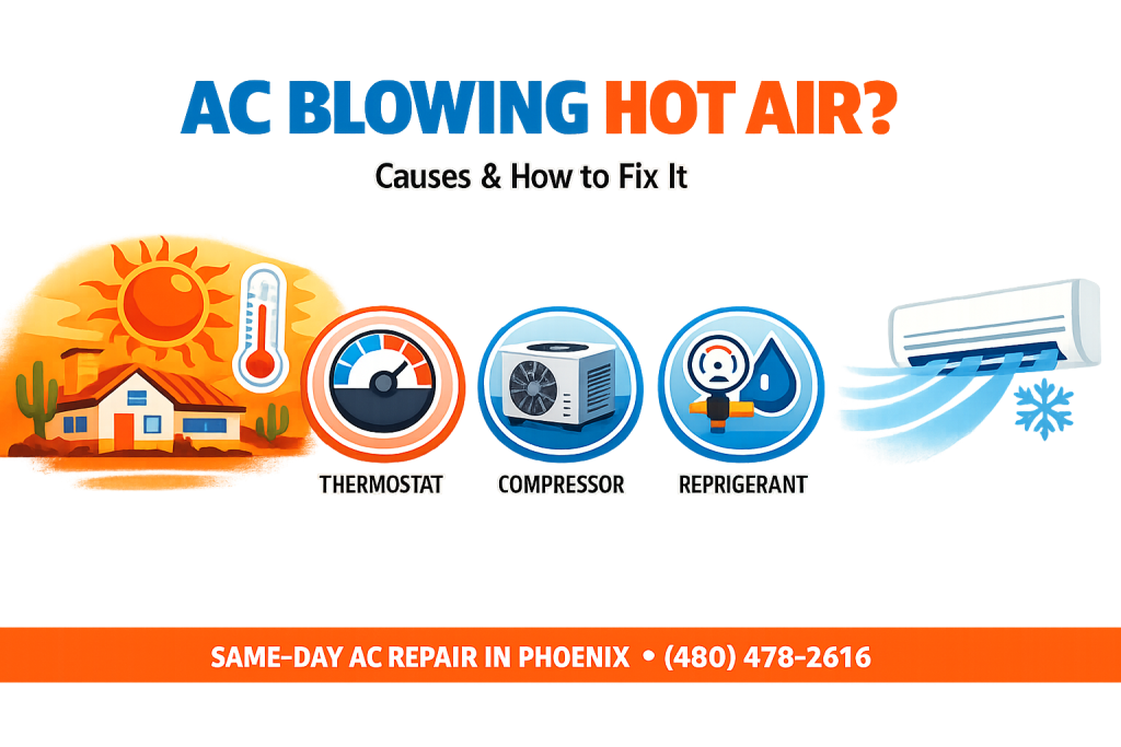 Infographic on why an AC is blowing hot air: thermostat, compressor, refrigerant, and same-day AC repair in Phoenix