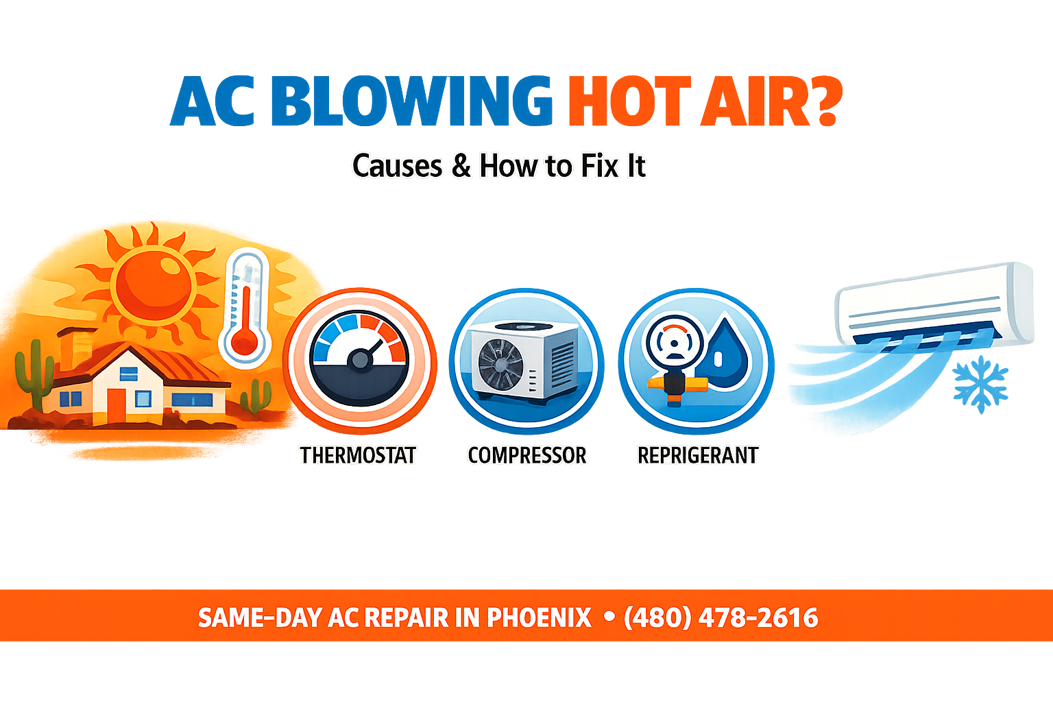 Infographic on why an AC is blowing hot air: thermostat, compressor, refrigerant, and same-day AC repair in Phoenix