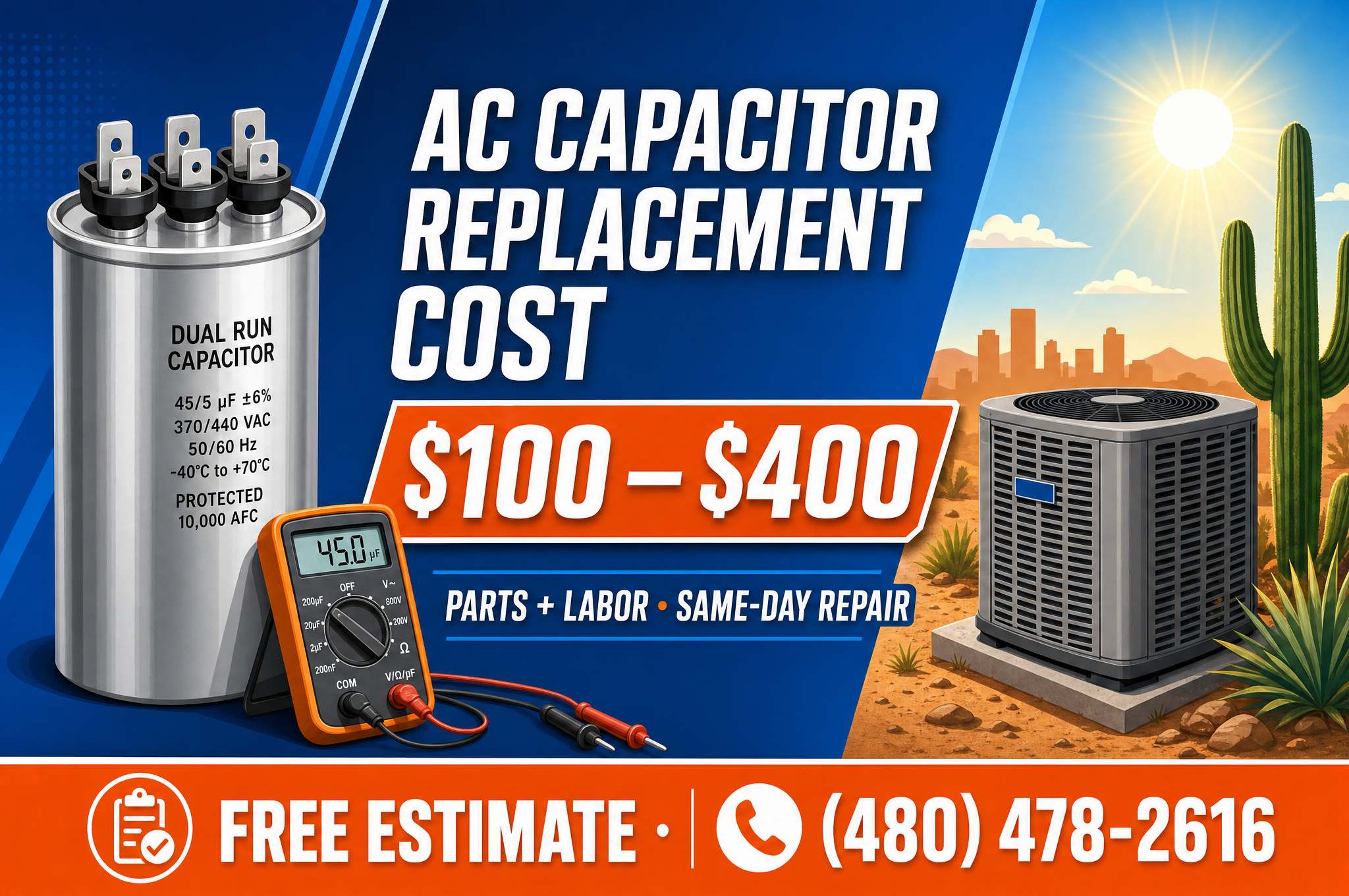 Infographic showing the cost to replace a capacitor on AC units in Phoenix: $100 to $400 parts and labor, same-day repair, free estimate (480) 478-2616