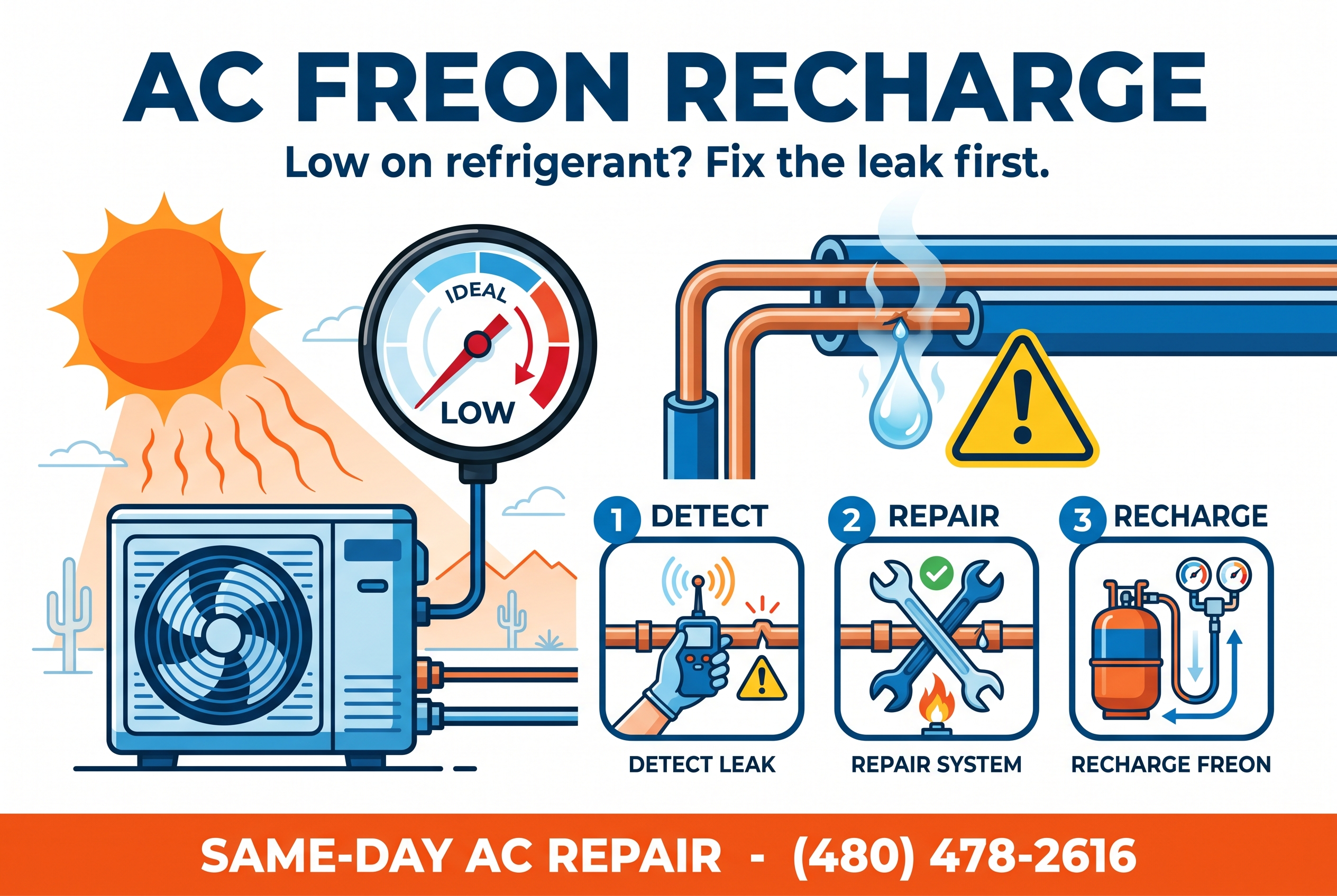 AC Freon recharge infographic: low refrigerant gauge, leak warning, detect-repair-recharge steps, Phoenix same-day AC repair (480) 478-2616