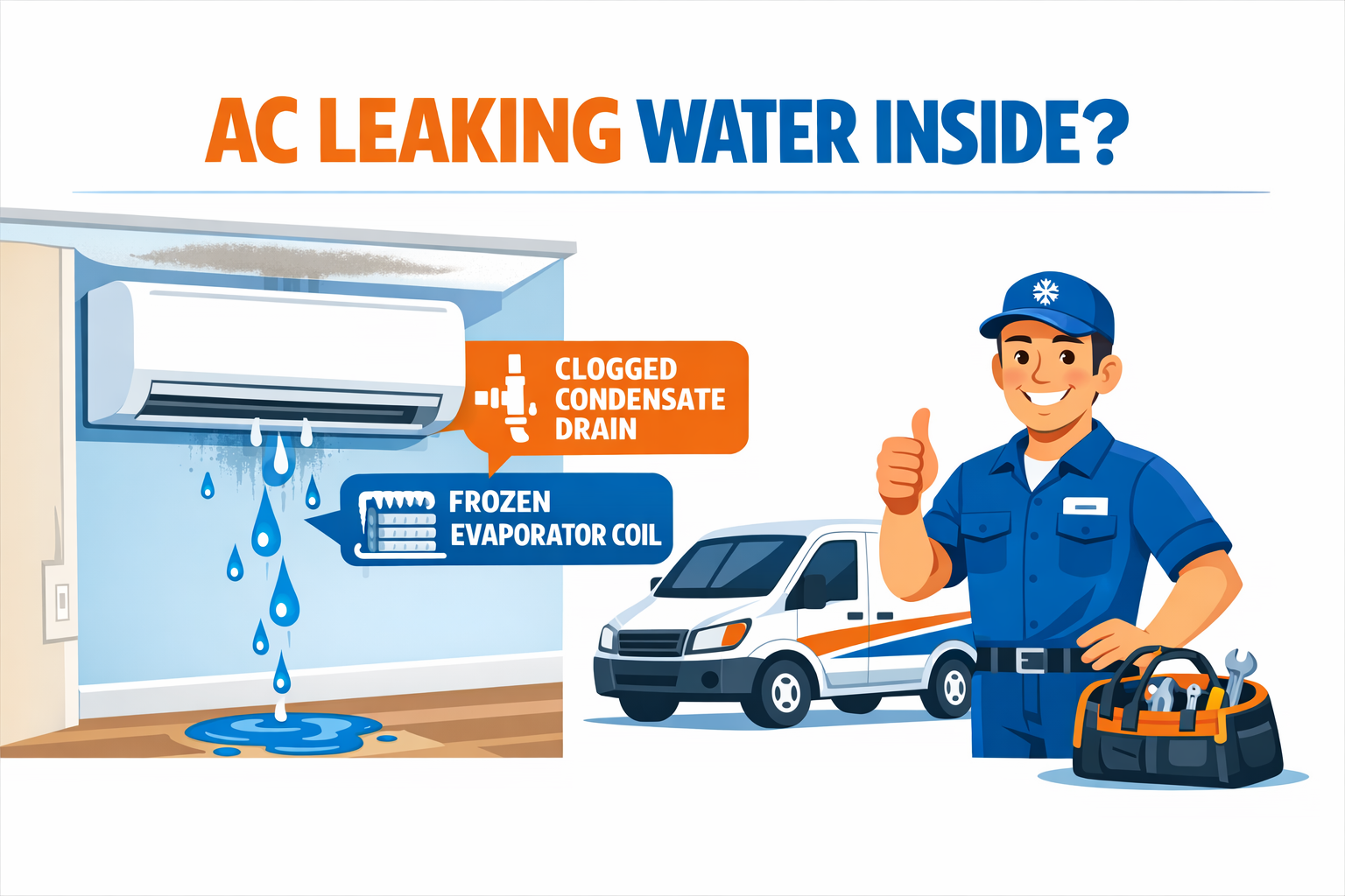Infographic explaining why an AC is leaking water inside a Gilbert Arizona home — clogged condensate drain and frozen evaporator coil