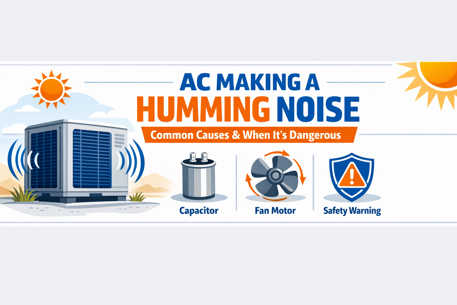 AC condenser unit making a humming noise infographic showing capacitor and fan motor causes in Gilbert, Arizona