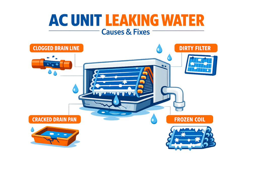 Infographic of an AC unit leaking water showing a clogged condensate drain line and drain pan in Gilbert, Arizona