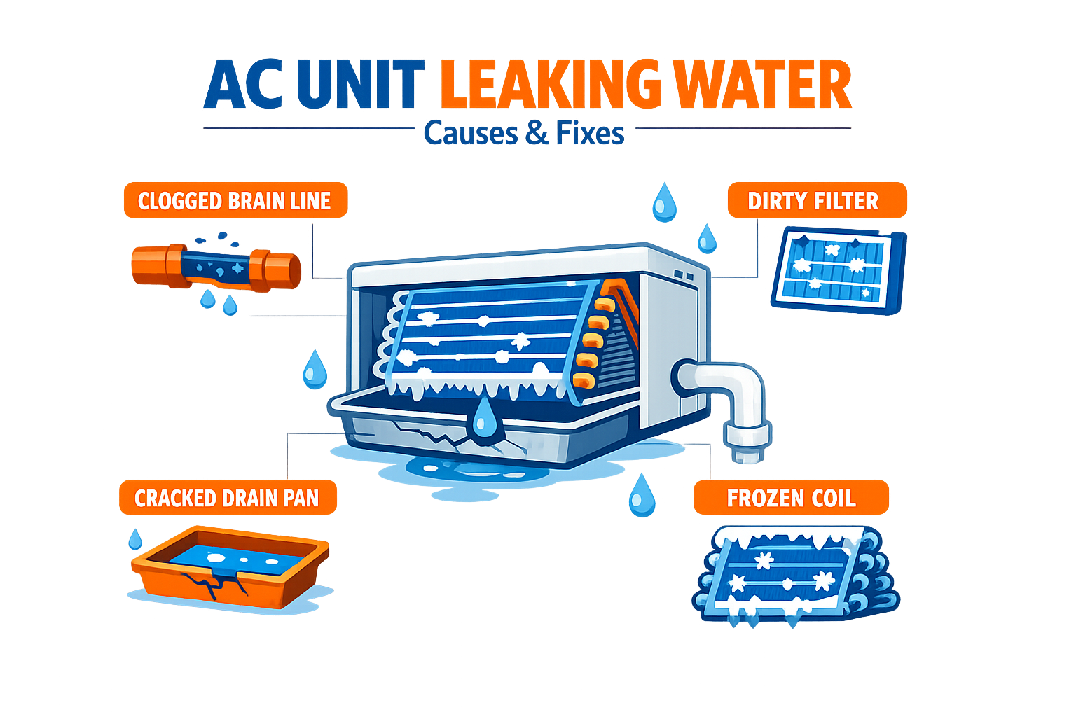 Infographic of an AC unit leaking water showing a clogged condensate drain line and drain pan in Gilbert, Arizona