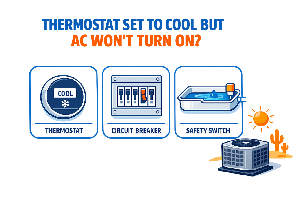 Infographic showing why an AC won't turn on when the thermostat is set to cool - thermostat, circuit breaker, and safety switch causes in Gilbert, Arizona