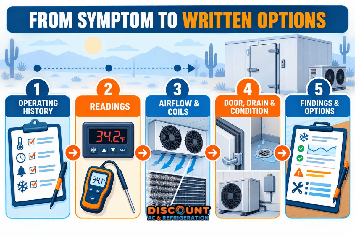 Walk-in cooler diagnostic process from operating history to written repair options
