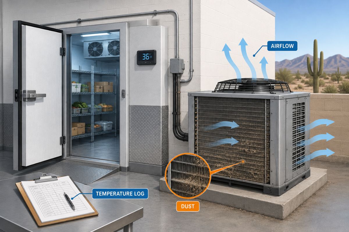 Commercial refrigeration condenser airflow and dust inspection in Arizona