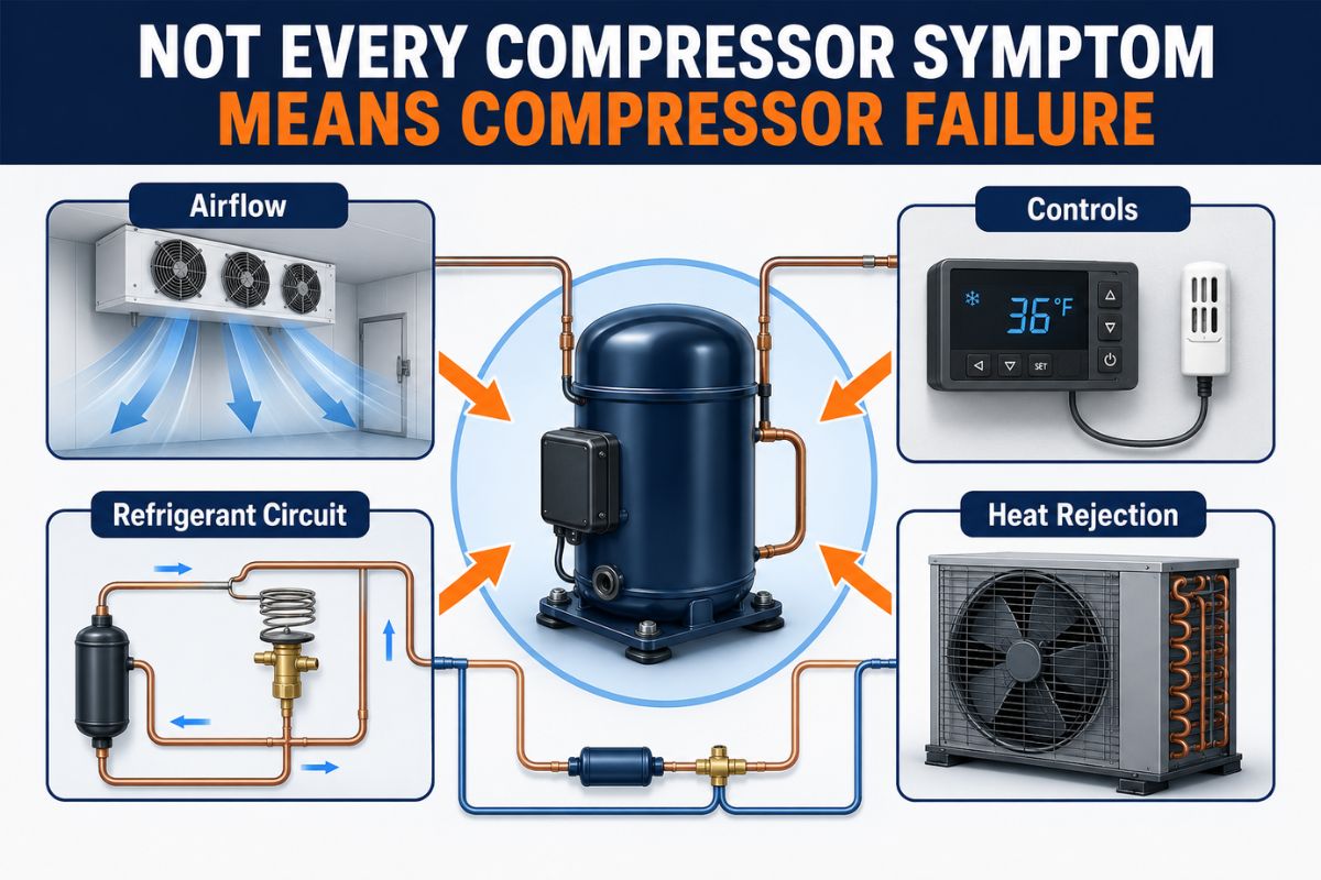 Diagram showing airflow, controls, refrigerant circuit, and heat rejection as possible causes of walk-in cooler compressor symptoms