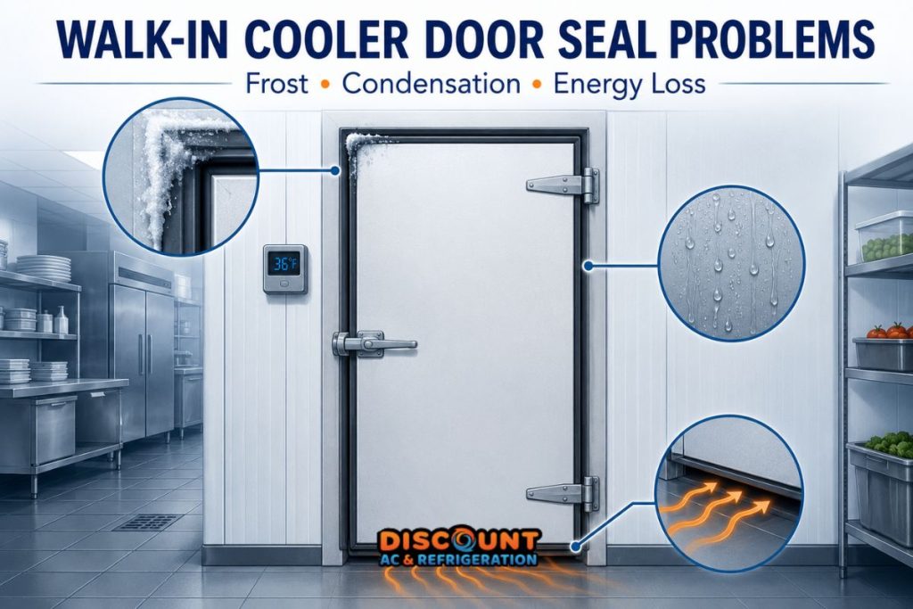 Walk-in cooler door seal problems causing frost condensation and energy loss