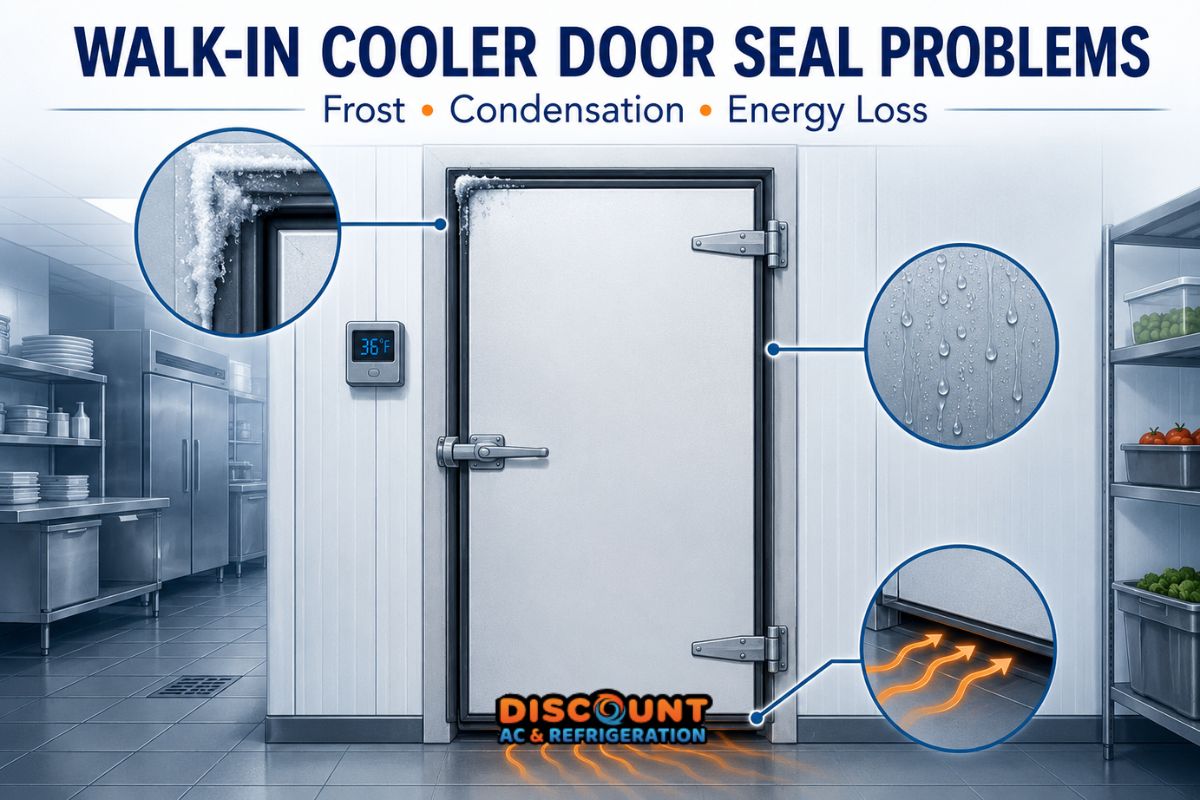 Walk-in cooler door seal problems causing frost condensation and energy loss