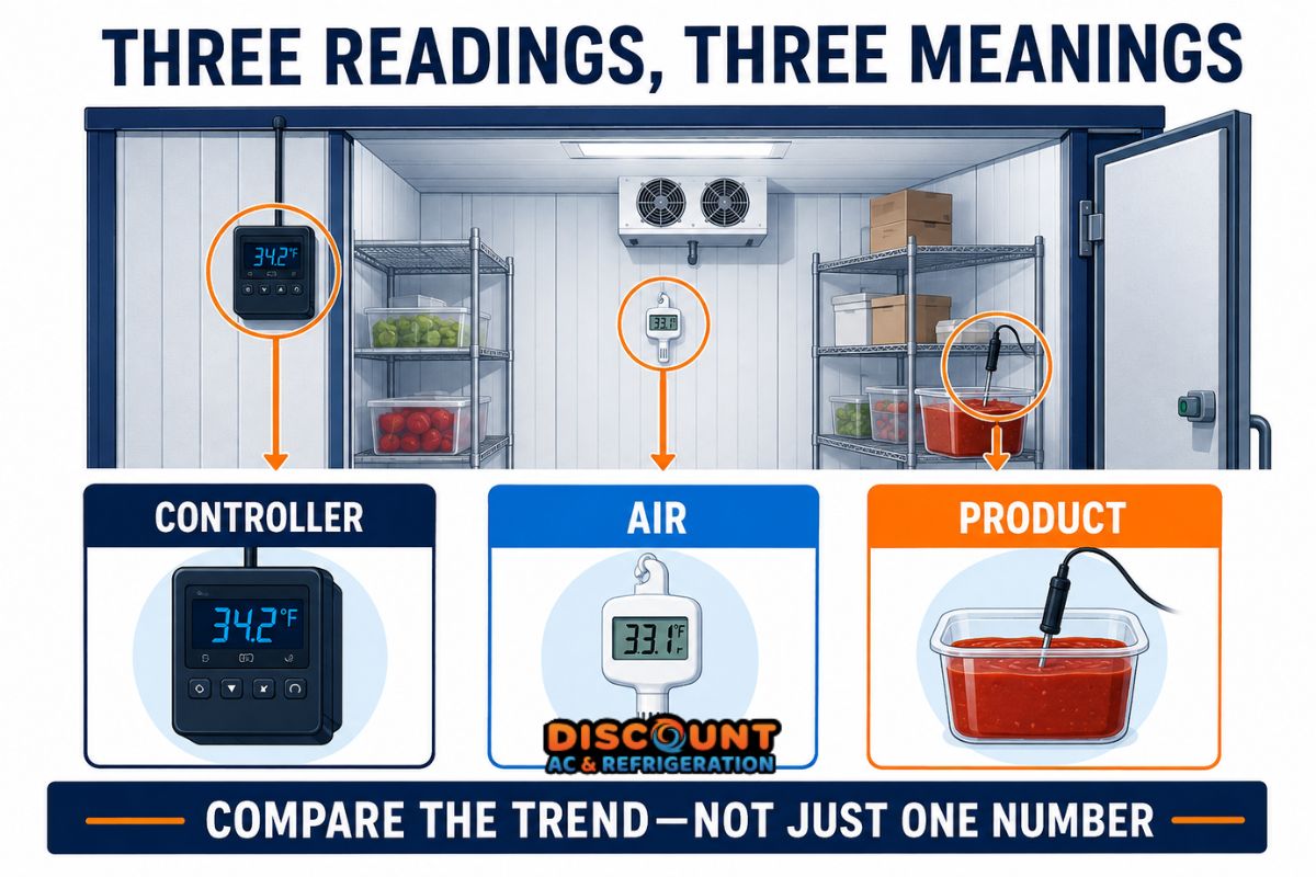Walk-in cooler controller air and product temperature readings