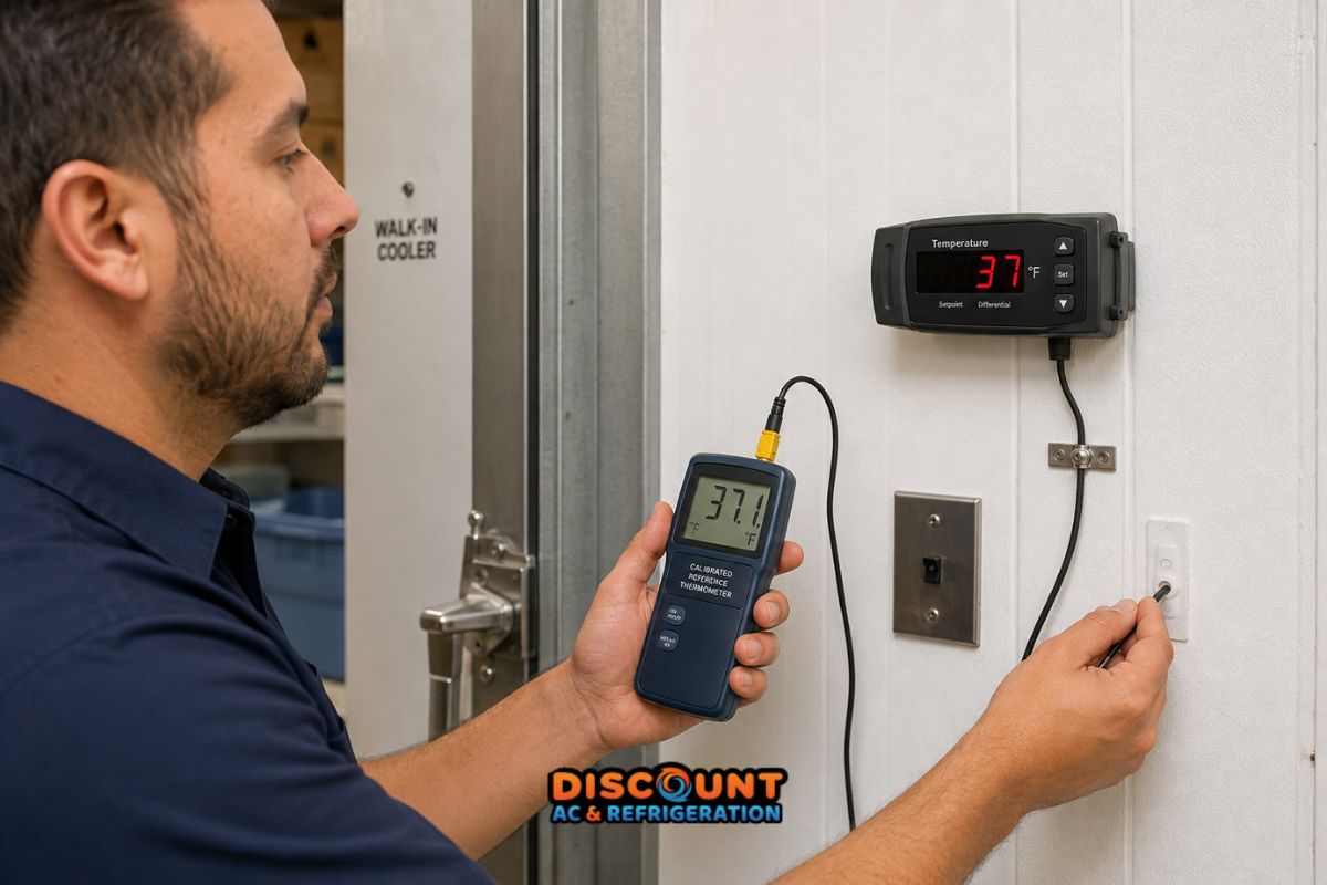 Technician comparing a walk-in cooler controller with a calibrated reference thermometer