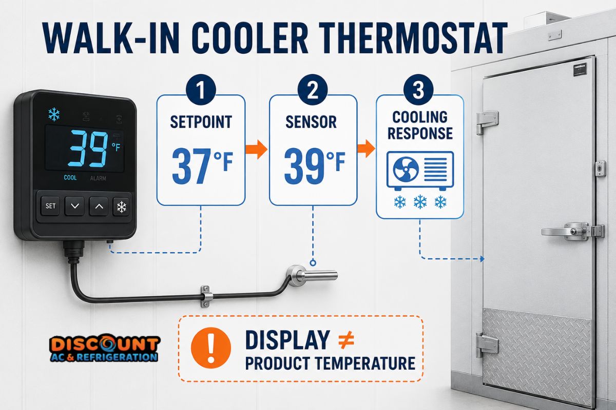 Walk-in cooler thermostat setpoint, sensor reading, and cooling response infographic