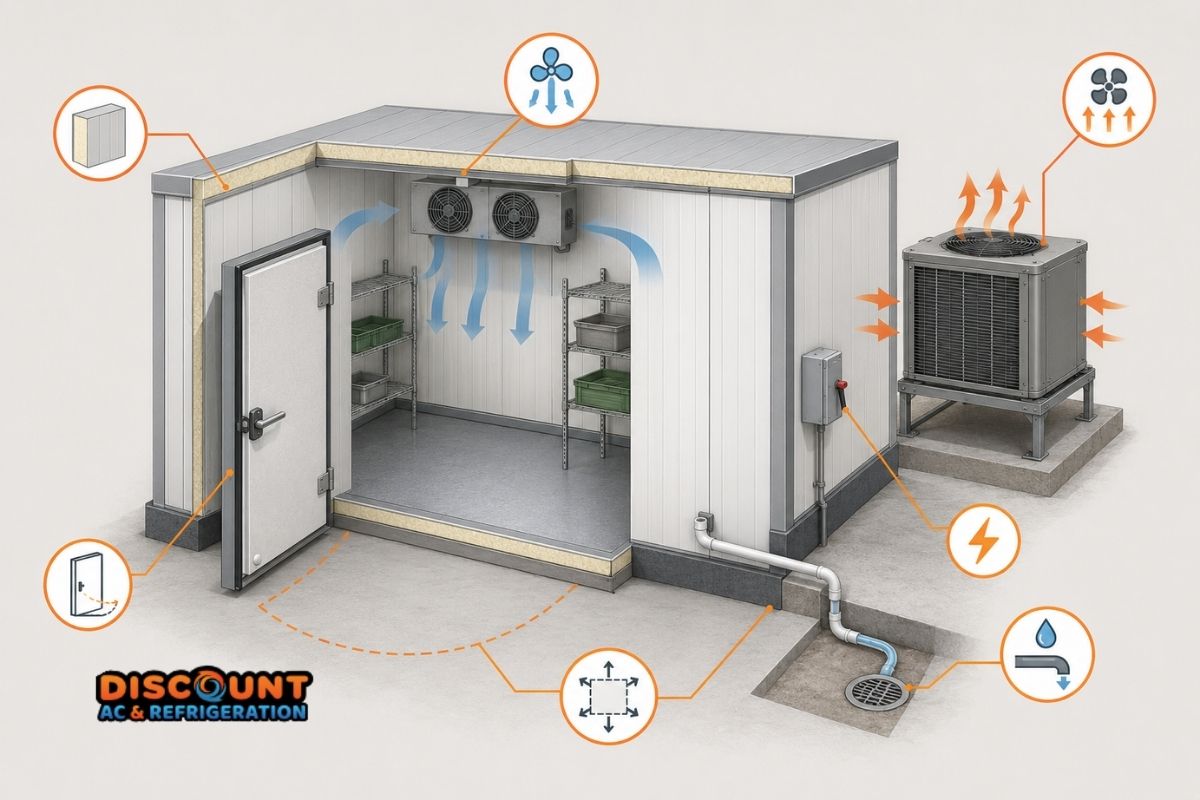 Walk-in cooler installation planning diagram showing panels, door clearance, airflow, electrical supply, ventilation, and drainage