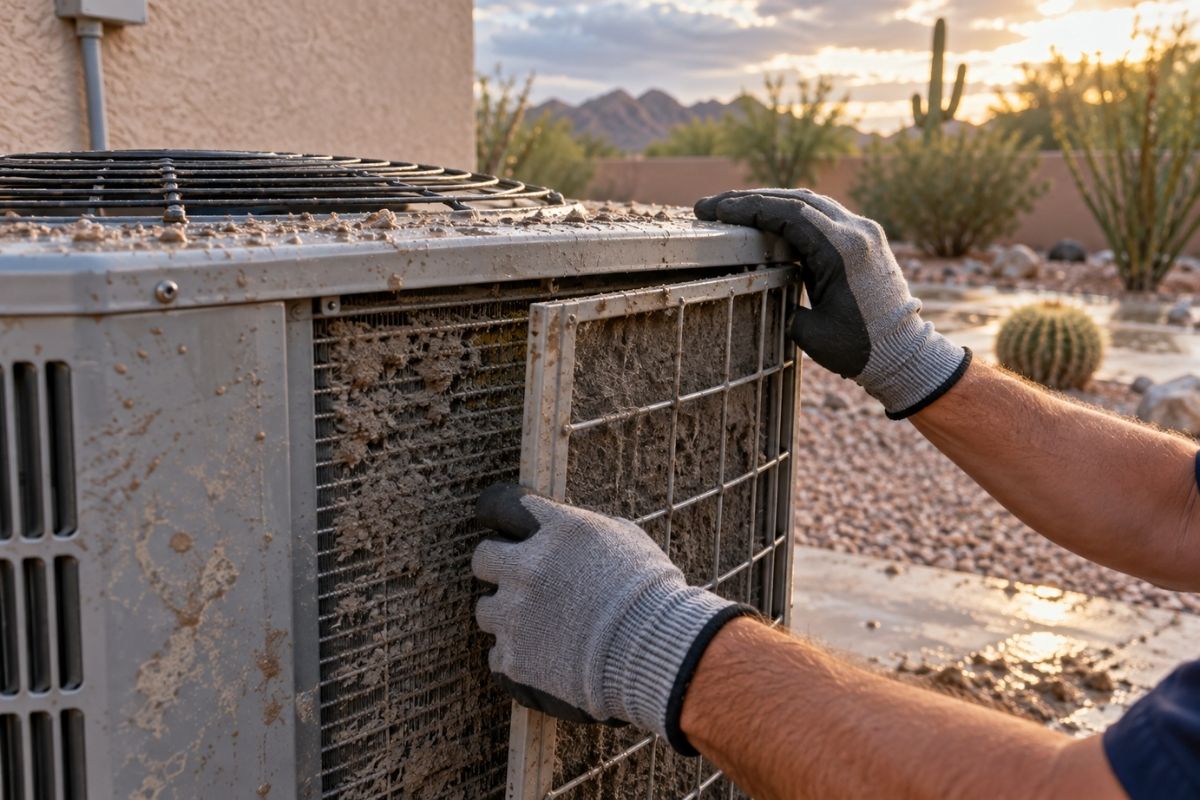 HVAC technician inspecting a dusty outdoor AC condenser during September maintenance in Phoenix