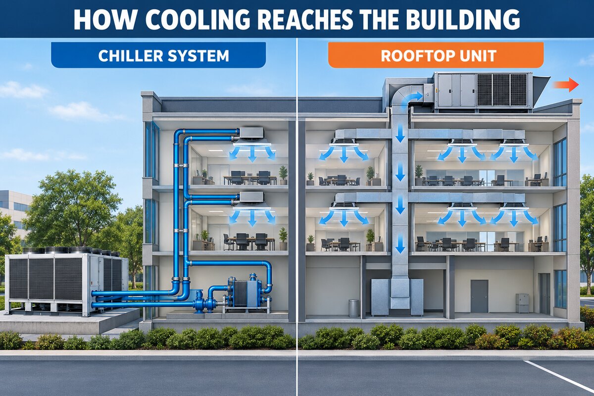 Decision matrix comparing chillers and rooftop units for commercial buildings
