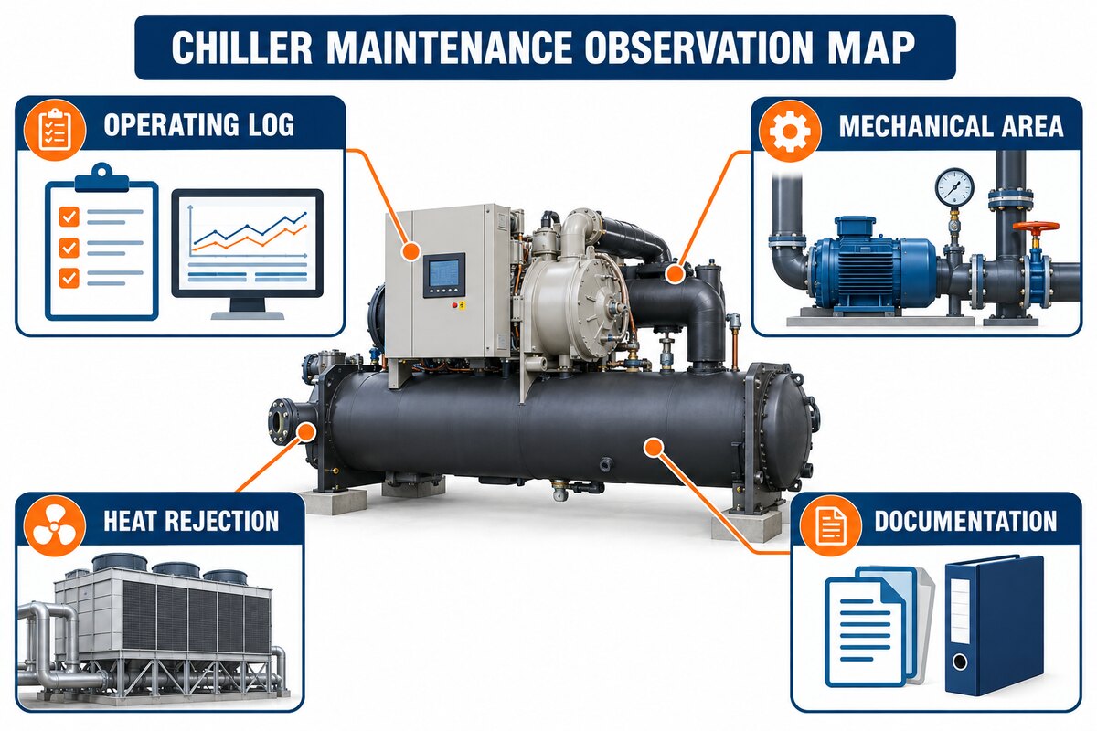 Responsibility matrix showing commercial chiller maintenance checks by staff and HVAC technicians