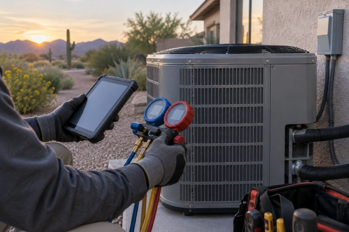 HVAC technician diagnosing a residential heat pump in Phoenix