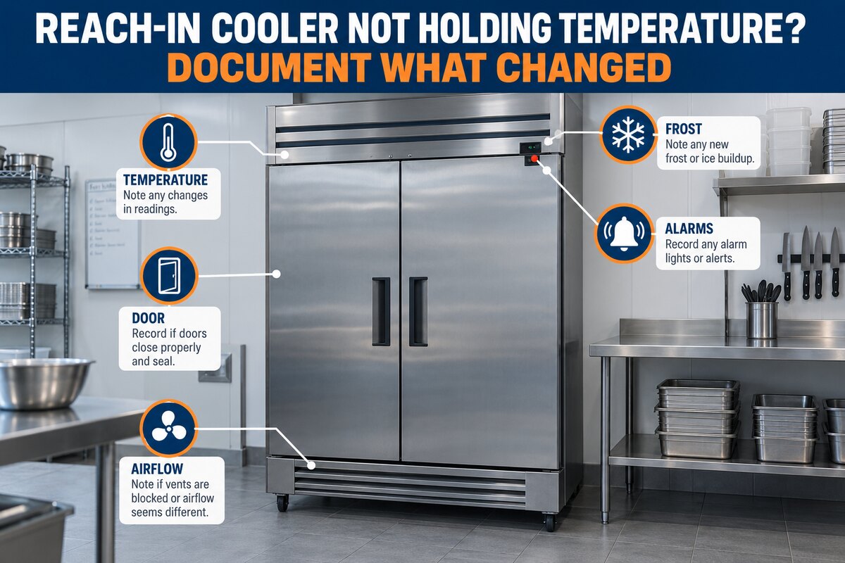 Reach-in commercial cooler showing temperature fluctuation warning